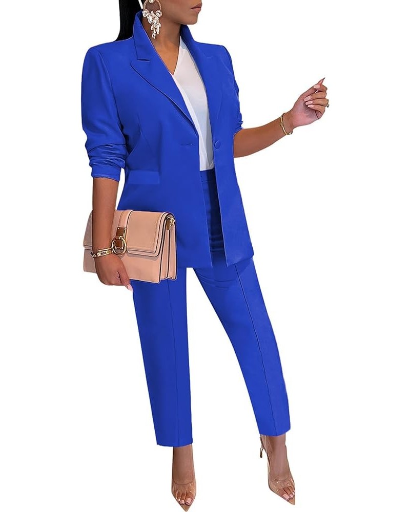 Womens Two Piece Business Casual Outfits Long Sleeve Blazer Work Pants Set Professional Office Suit 39-royal Blue $30.72 Suits