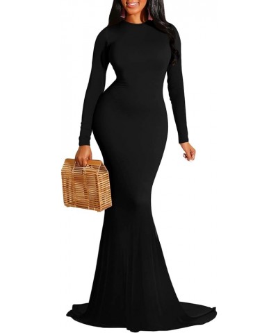 Women Elegant Long Sleeve Evening Gown Backless Maxi Mermaid Dress Black $25.43 Dresses