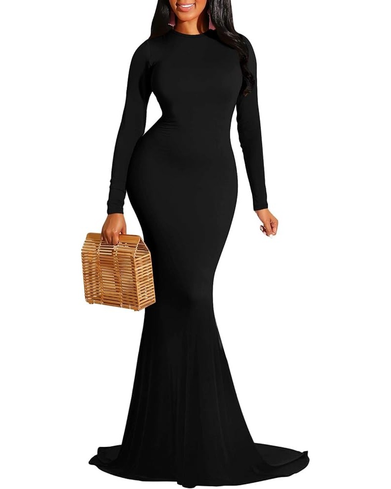 Women Elegant Long Sleeve Evening Gown Backless Maxi Mermaid Dress Black $25.43 Dresses