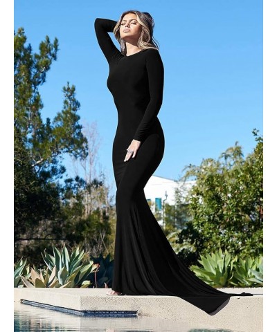 Women Elegant Long Sleeve Evening Gown Backless Maxi Mermaid Dress Black $25.43 Dresses