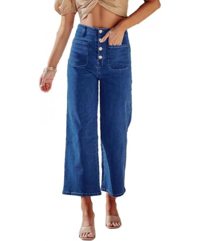 Women's High Waisted Wide Leg Jeans Regular Fit Capri Button Up Denim Pants Blue $25.91 Jeans