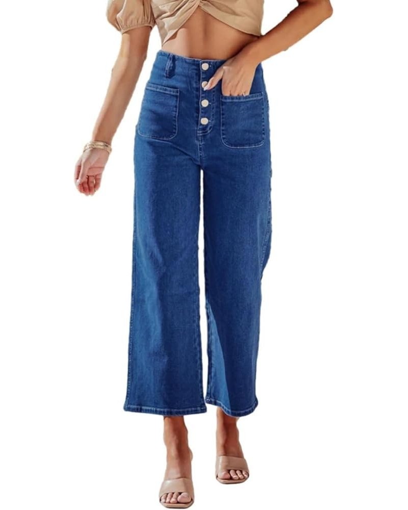 Women's High Waisted Wide Leg Jeans Regular Fit Capri Button Up Denim Pants Blue $25.91 Jeans