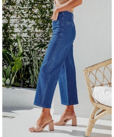 Women's High Waisted Wide Leg Jeans Regular Fit Capri Button Up Denim Pants Blue $25.91 Jeans