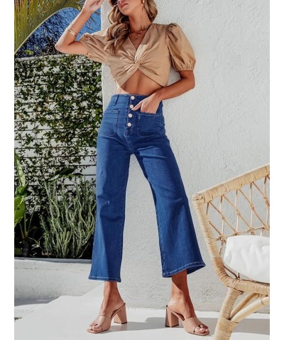 Women's High Waisted Wide Leg Jeans Regular Fit Capri Button Up Denim Pants Blue $25.91 Jeans