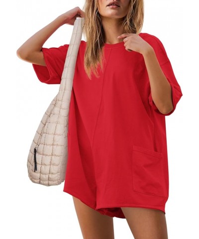 Womens Oversized Romper Back V Neck Half Sleeve Jumpsuit Crewneck Tee Romper Overalls with Pockets Red $17.50 Rompers