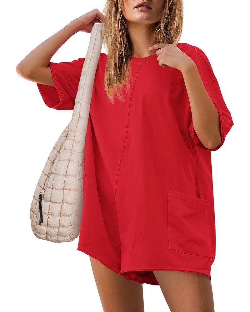 Womens Oversized Romper Back V Neck Half Sleeve Jumpsuit Crewneck Tee Romper Overalls with Pockets Red $17.50 Rompers