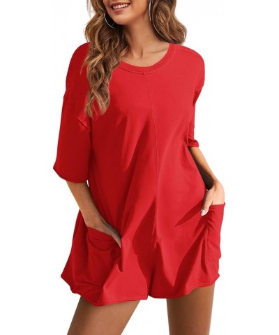 Womens Oversized Romper Back V Neck Half Sleeve Jumpsuit Crewneck Tee Romper Overalls with Pockets Red $17.50 Rompers