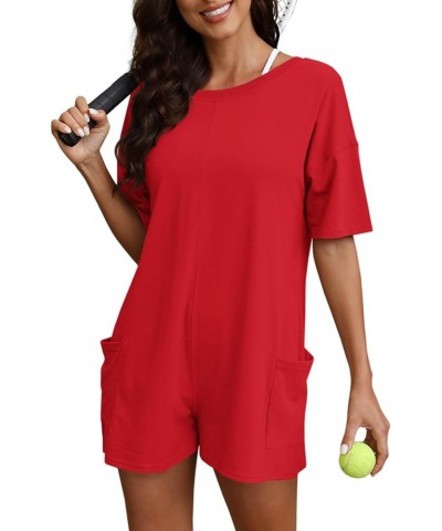 Womens Oversized Romper Back V Neck Half Sleeve Jumpsuit Crewneck Tee Romper Overalls with Pockets Red $17.50 Rompers