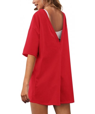 Womens Oversized Romper Back V Neck Half Sleeve Jumpsuit Crewneck Tee Romper Overalls with Pockets Red $17.50 Rompers