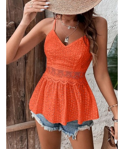 Women's Lace Trim Ruffle Hem Peplum Cami Tops Eyelet Embroidery Summer Camisole Plain Burnt Orange $14.03 Tanks