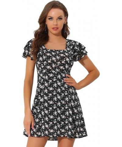 Women's Casual Ruffled Sleeve Pleated Square Neck Floral Dress Black $12.50 Dresses