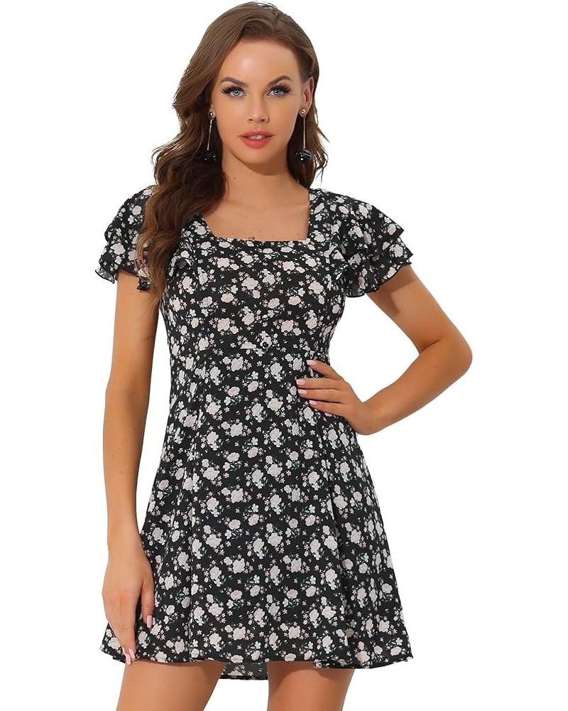 Women's Casual Ruffled Sleeve Pleated Square Neck Floral Dress Black $12.50 Dresses