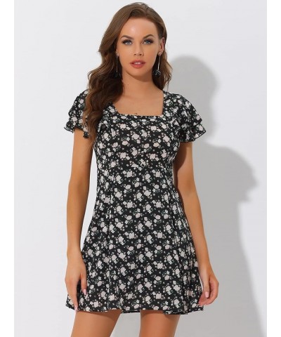 Women's Casual Ruffled Sleeve Pleated Square Neck Floral Dress Black $12.50 Dresses