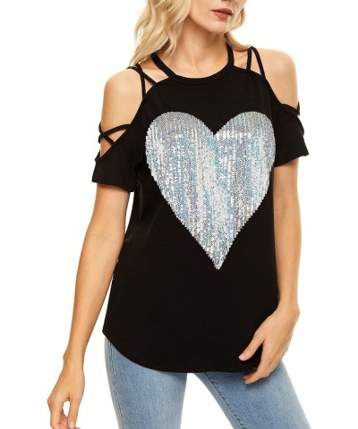 Womens Off The Shoulder Tops Sexy Shiny Shirts Long/Short Sleeves Fashion Graphic T-Shirts Blouses Black+ Silver Heart $9.51 ...