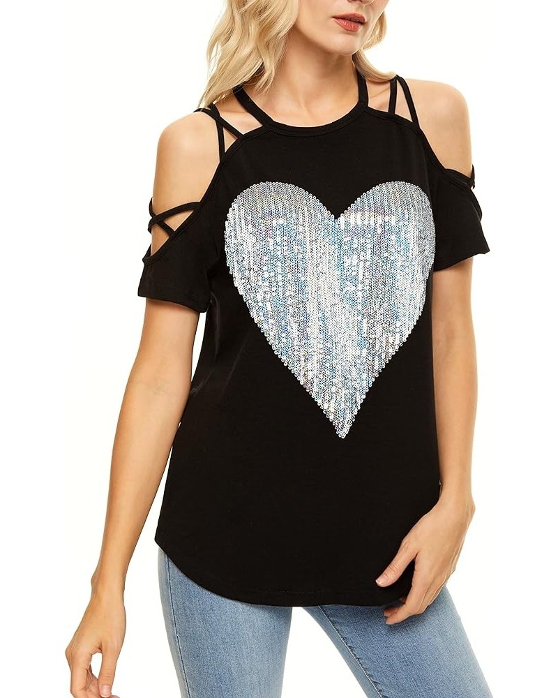 Womens Off The Shoulder Tops Sexy Shiny Shirts Long/Short Sleeves Fashion Graphic T-Shirts Blouses Black+ Silver Heart $9.51 ...