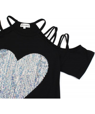 Womens Off The Shoulder Tops Sexy Shiny Shirts Long/Short Sleeves Fashion Graphic T-Shirts Blouses Black+ Silver Heart $9.51 ...