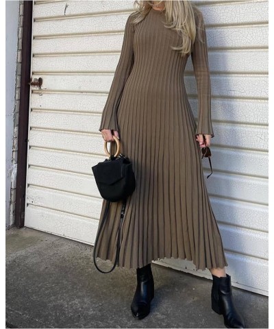 Crew Neck Sleeved Knit Midi Dress, Women Long Sleeve Elegant Bodycon Ribbed Dresses, Fall Slim Fit Sweater Long Dress Gray Ap...