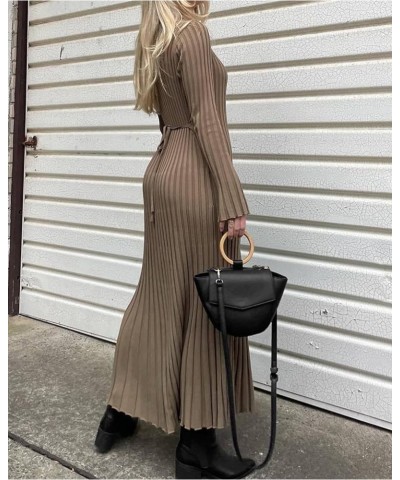 Crew Neck Sleeved Knit Midi Dress, Women Long Sleeve Elegant Bodycon Ribbed Dresses, Fall Slim Fit Sweater Long Dress Gray Ap...