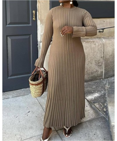 Crew Neck Sleeved Knit Midi Dress, Women Long Sleeve Elegant Bodycon Ribbed Dresses, Fall Slim Fit Sweater Long Dress Gray Ap...