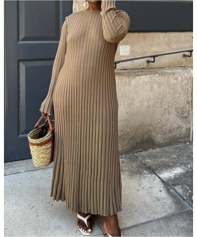 Crew Neck Sleeved Knit Midi Dress, Women Long Sleeve Elegant Bodycon Ribbed Dresses, Fall Slim Fit Sweater Long Dress Gray Ap...