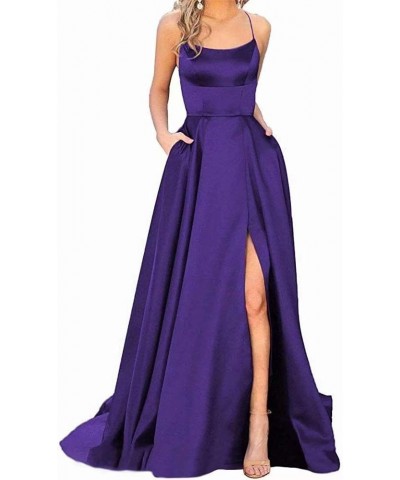 Women's Halter Prom Dresses Long Side Spilt Backless Satin Formal Evening Gowns with Pockets Purple $25.30 Dresses