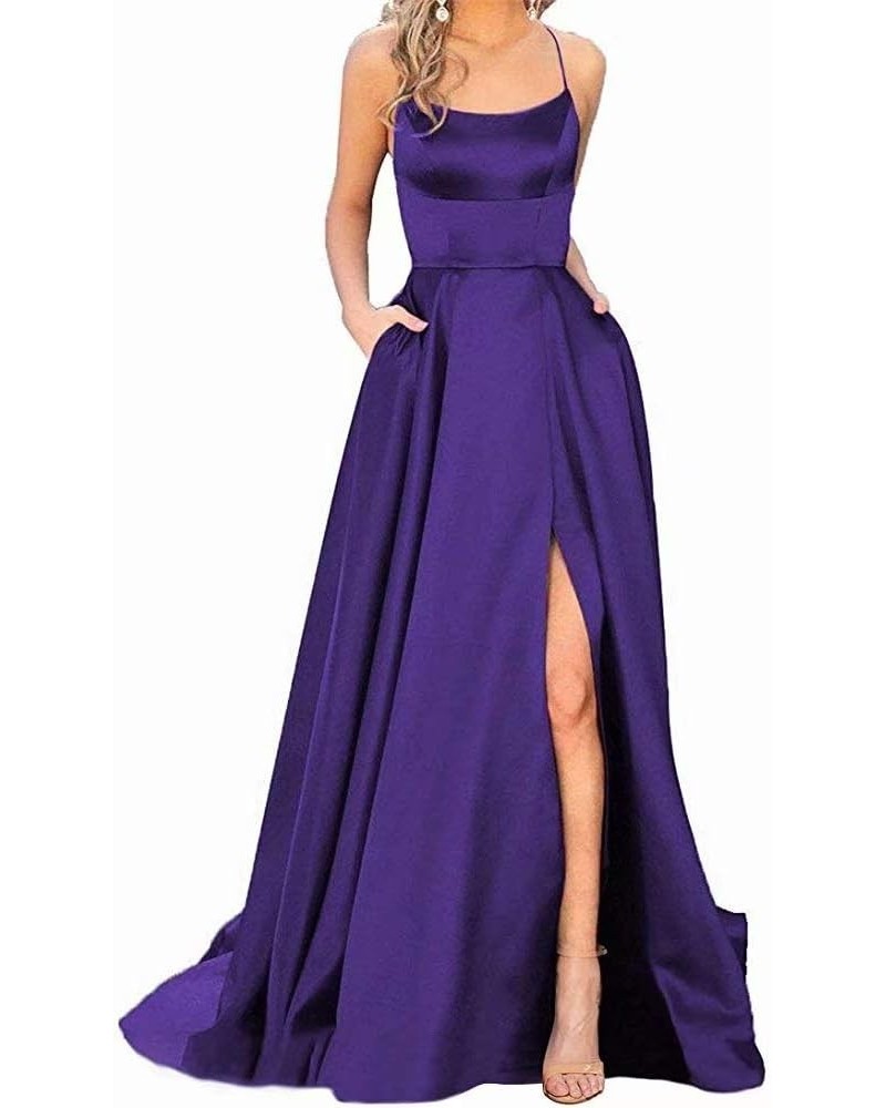 Women's Halter Prom Dresses Long Side Spilt Backless Satin Formal Evening Gowns with Pockets Purple $25.30 Dresses