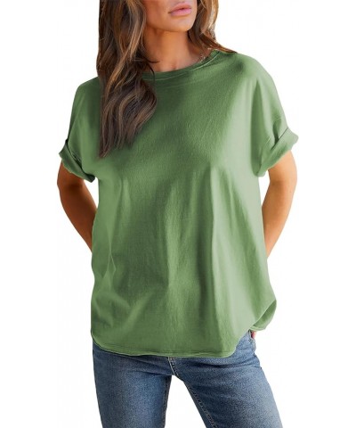 Womens Fashion Summer Tops 2024 Crewneck Short Sleeve Oversized Tshirts Solid Color Tee Shirts Green $10.81 Tops