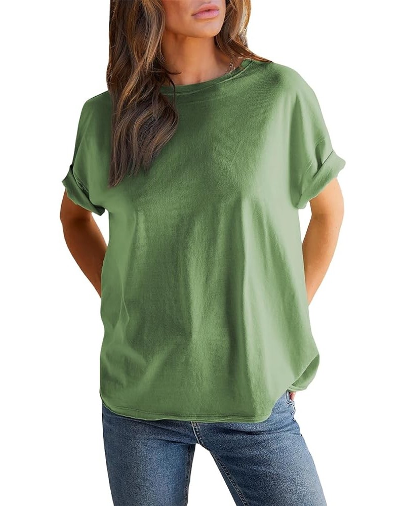 Womens Fashion Summer Tops 2024 Crewneck Short Sleeve Oversized Tshirts Solid Color Tee Shirts Green $10.81 Tops