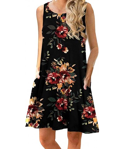 Women Sleeveless Swing Dress Summer Flared Tank Dress Mini Dress with Pockets Black Yellow Flower $14.49 Dresses