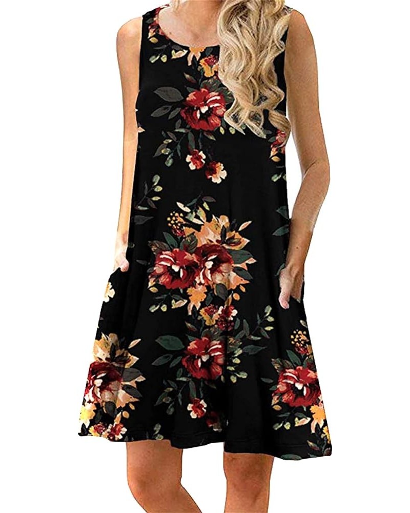 Women Sleeveless Swing Dress Summer Flared Tank Dress Mini Dress with Pockets Black Yellow Flower $14.49 Dresses