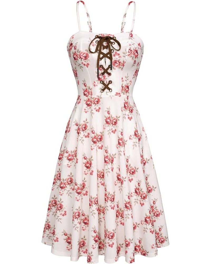 Women's Floral Summer Dress 2024 Vintage Sundress with Pockets Red and Beige $19.68 Dresses