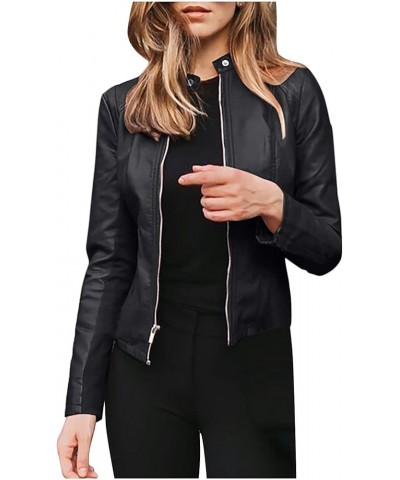 Women's Leather Jackets, Faux Motorcycle Plus Size Moto Biker Coat Short Lightweight Stand-Up Neck Zip Jacket Black $5.13 Coats