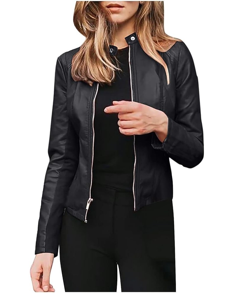 Women's Leather Jackets, Faux Motorcycle Plus Size Moto Biker Coat Short Lightweight Stand-Up Neck Zip Jacket Black $5.13 Coats