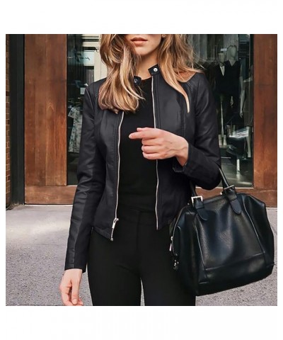 Women's Leather Jackets, Faux Motorcycle Plus Size Moto Biker Coat Short Lightweight Stand-Up Neck Zip Jacket Black $5.13 Coats