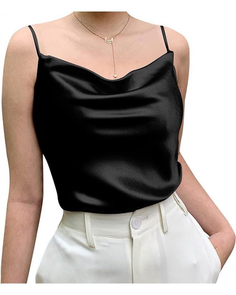 Basic Women's Silk Tank Top Ladies V-Neck Camisole Silky Loose Sleeveless Blouse Satin Tank Shirt Cowl Neck-black $12.00 Tanks