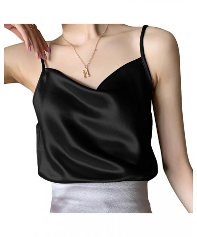 Basic Women's Silk Tank Top Ladies V-Neck Camisole Silky Loose Sleeveless Blouse Satin Tank Shirt Cowl Neck-black $12.00 Tanks