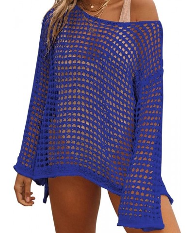 Crochet Cover Ups for Women Hollow Out Swimsuit Cover Ups Long Sleeve Knitted Beach Cover Up J-royal Blue $16.66 Swimsuits