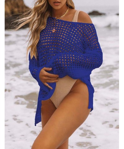 Crochet Cover Ups for Women Hollow Out Swimsuit Cover Ups Long Sleeve Knitted Beach Cover Up J-royal Blue $16.66 Swimsuits