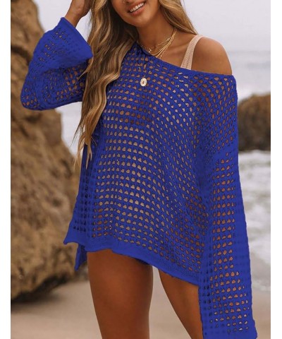 Crochet Cover Ups for Women Hollow Out Swimsuit Cover Ups Long Sleeve Knitted Beach Cover Up J-royal Blue $16.66 Swimsuits