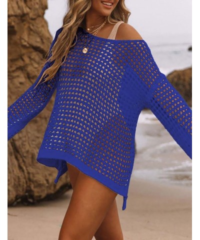 Crochet Cover Ups for Women Hollow Out Swimsuit Cover Ups Long Sleeve Knitted Beach Cover Up J-royal Blue $16.66 Swimsuits