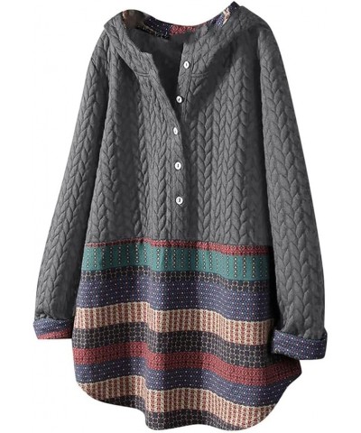 Women Ethnic Tribal Patchwork Quilted Button Jackets Hoodie Oversized Plus Size Cable Hooded Sweatshirt Grey2 $22.00 Hoodies ...