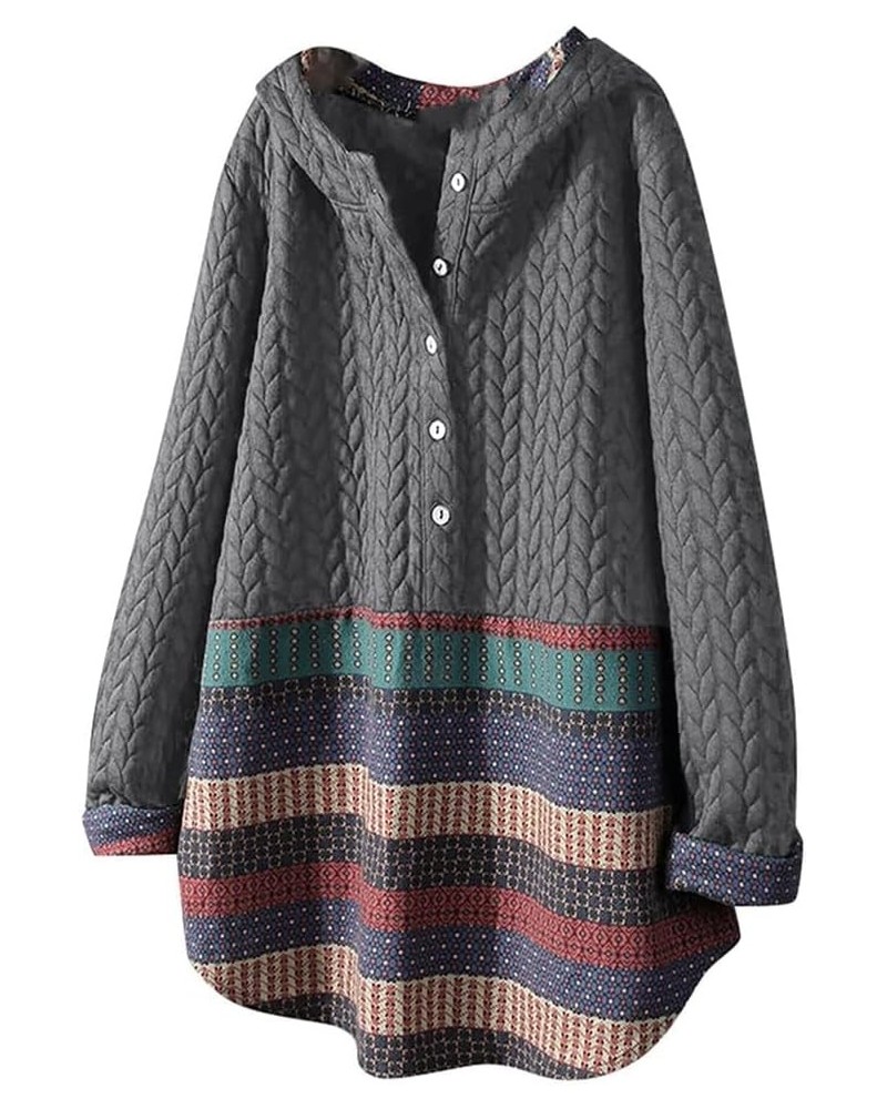 Women Ethnic Tribal Patchwork Quilted Button Jackets Hoodie Oversized Plus Size Cable Hooded Sweatshirt Grey2 $22.00 Hoodies ...