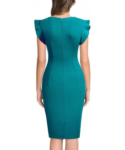 Women's Retro Ruffle Style Slim Work Pencil Dress Acid Blue $20.51 Dresses