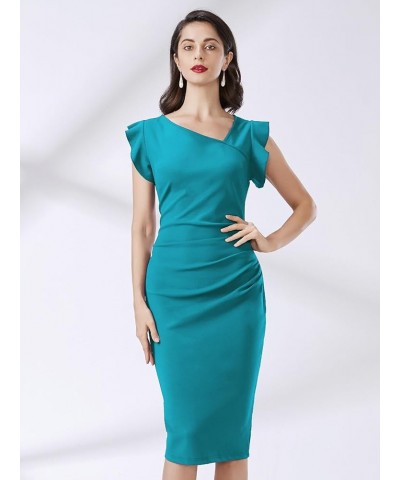 Women's Retro Ruffle Style Slim Work Pencil Dress Acid Blue $20.51 Dresses