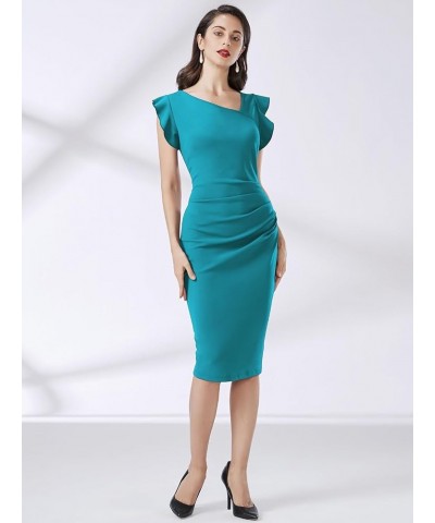 Women's Retro Ruffle Style Slim Work Pencil Dress Acid Blue $20.51 Dresses