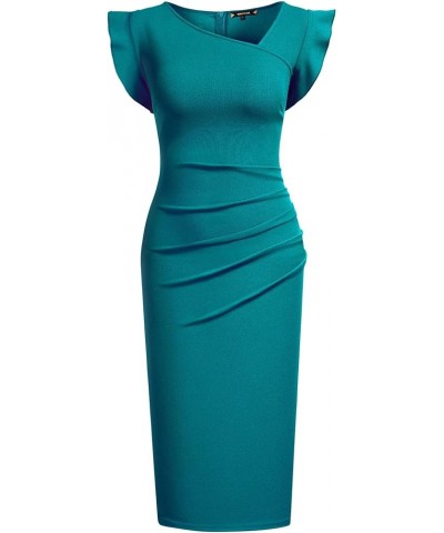 Women's Retro Ruffle Style Slim Work Pencil Dress Acid Blue $20.51 Dresses