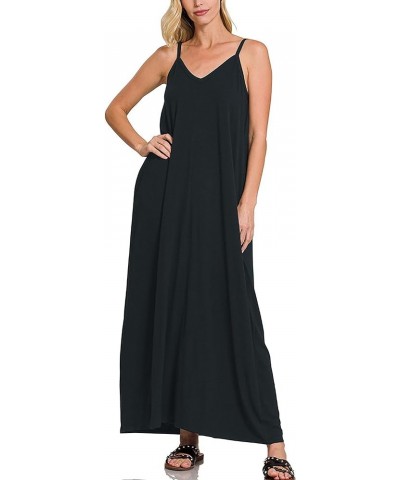 Comfortable V-Neck Adjustable Spaghetti Strap Maxi Dress with Side Pockets Black $9.15 Dresses