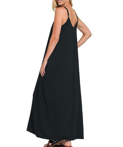 Comfortable V-Neck Adjustable Spaghetti Strap Maxi Dress with Side Pockets Black $9.15 Dresses