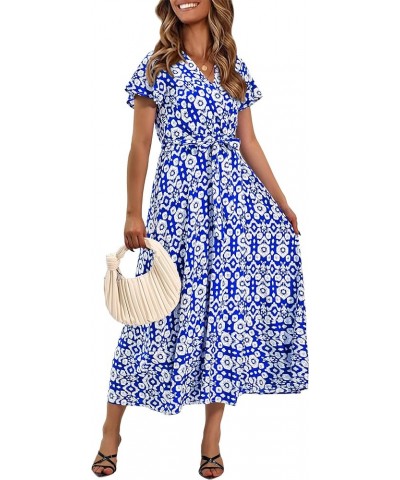 Women Boho Summer Side Split Deep V Neck Short Sleeves Maxi Dress with Belt Print Blue $17.84 Dresses