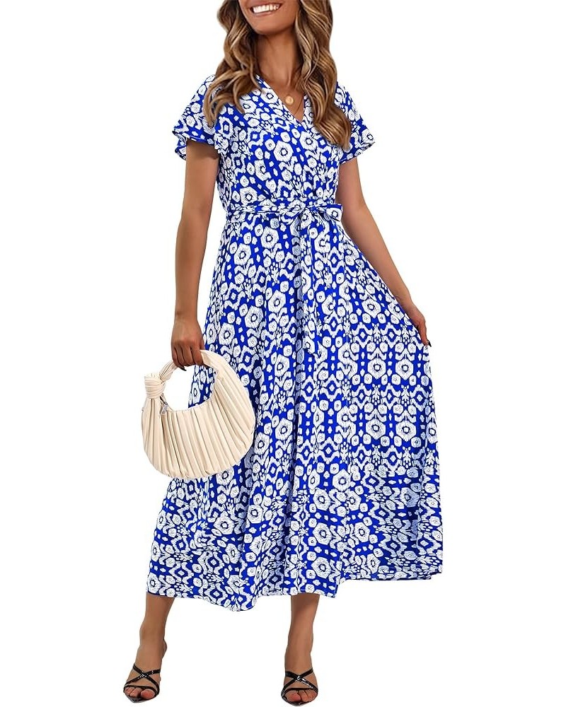 Women Boho Summer Side Split Deep V Neck Short Sleeves Maxi Dress with Belt Print Blue $17.84 Dresses